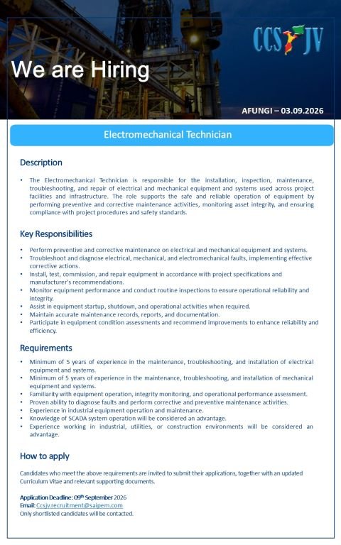 VAGA DE EMPREGO: Técnico Eletromecânico