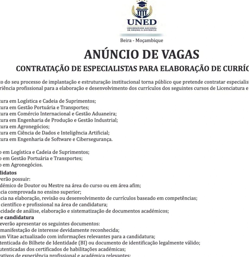 Vagas para Especialistas para Elaboração e Desenvolvimento de Currículos – UNED