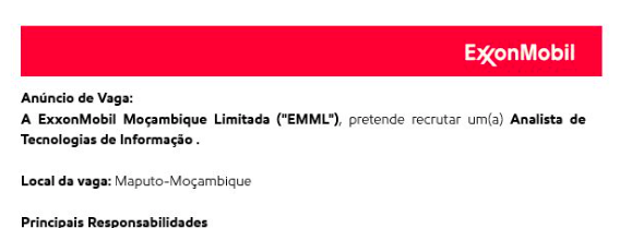 ExxonMobil está a recrutar Analista de Tecnologias de Informação em Moçambique